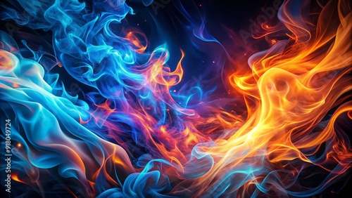 Vibrant neon flames erupt from a dark background, swirling in mesmerizing patterns as intense orange and blue hues dance across the frame in abstract beauty. photo