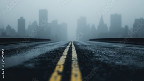 A deserted road with yellow lines stretches toward a distant misty city skyline, evoking feelings of solitude and calm in a modern urban landscape.