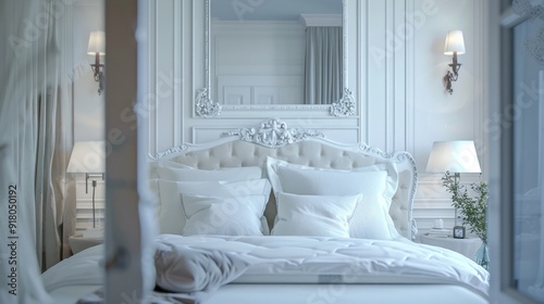 Bed's front in white bedroom with mirror photo