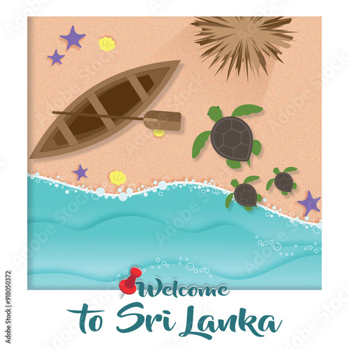 Postcard from a trip to Sri Lanka, beach composition, turtles on the sand, boat and ocean, vector illustration, welcom to Sri Lanka