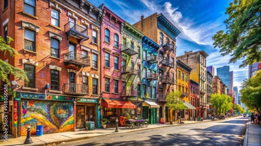 Fototapeta premium Vibrant street scene in the East Village, New York City, featuring colorful graffiti, eclectic shops, and historic tenement buildings on a sunny day.