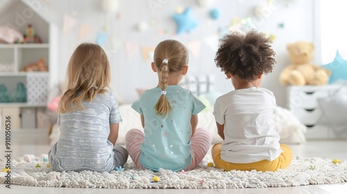  Children having a sleepover in a fun and creative kidsâ€™ room 