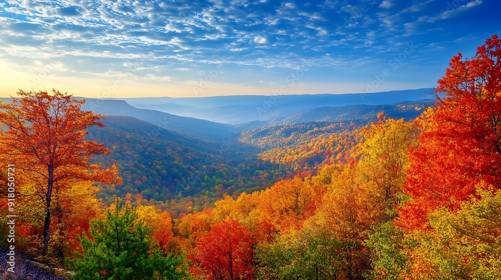 Fototapeta premium A scenic overlook showing a vast valley filled with fall foliage, with space in the sky for a quote or title