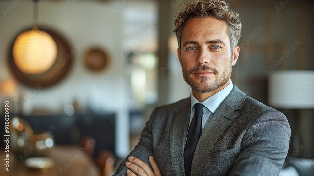 Fototapeta premium Professional man in a suit poses confidently in a modern office environment during the day