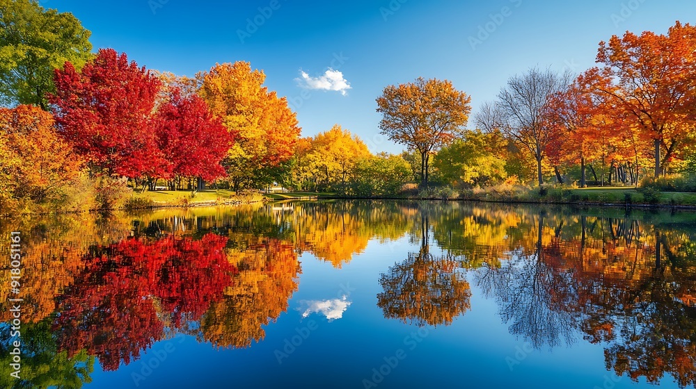 A still pond surrounded by trees in full autumn bloom, with the water reflecting the vivid colors and room for text in the sky A still pond surrounded by trees in full autumn bloom, with the water reflecting the vivid colors and room for text in the sky