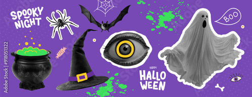 Set of halftone design elements for Happy Halloween. Collection of fashionable stickers. Ghost, cauldron with potion, witch hat, bat, spider in trendy style. Vector illustration