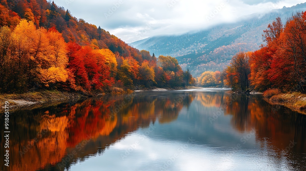 A calm river flowing through a valley filled with colorful autumn trees, with space in the sky for a headline A calm river flowing through a valley filled with colorful autumn trees, with space in the sky for a headline