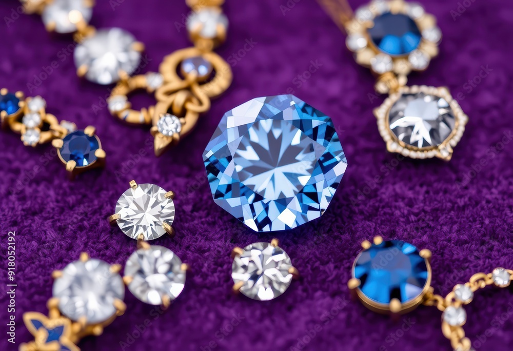 Blue and white gemstones elegantly arranged on a purple surface, showcasing their brilliance and luxury. Ideal for high-end jewelry marketing. Blue and white gemstones elegantly arranged on a purple surface, showcasing their brilliance and luxury. Ideal for high-end jewelry marketing.