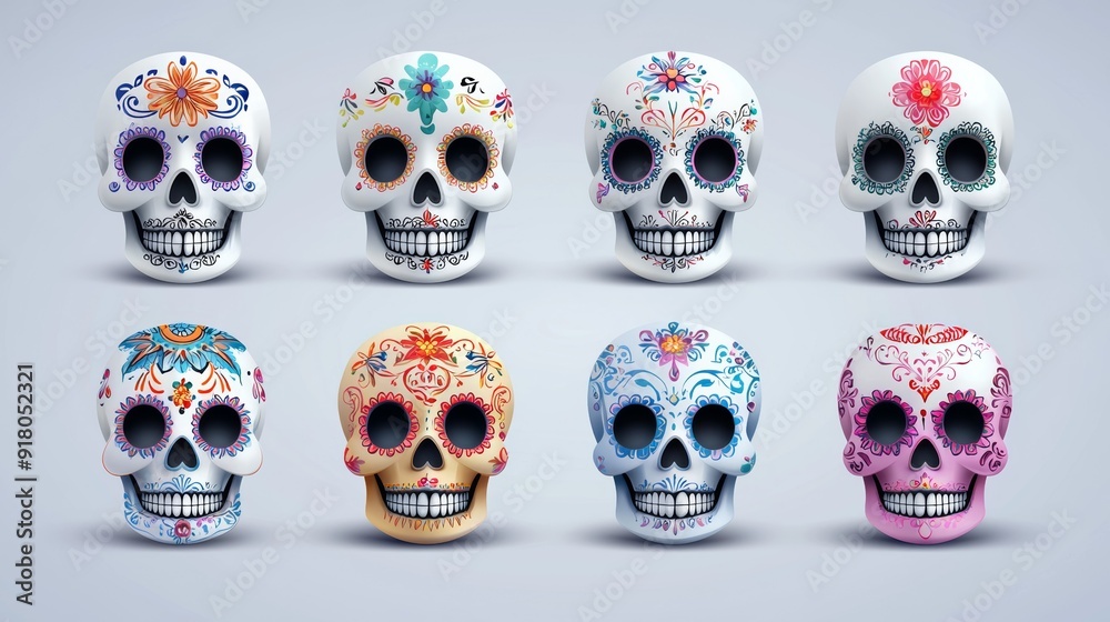 set of skulls with floral ornames set of skulls with floral ornames