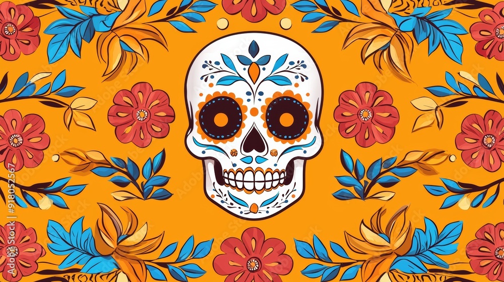 a skull with flowers on an orange background a skull with flowers on an orange background