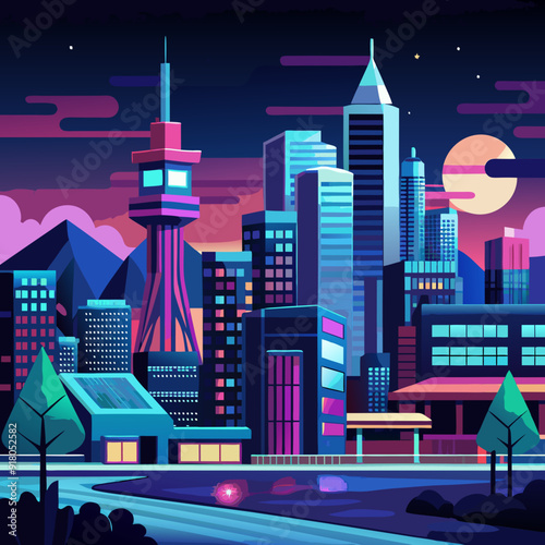 Cityscape at Night landscape anime style
