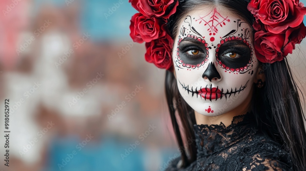 a woman with skull face paint and red roses a woman with skull face paint and red roses
