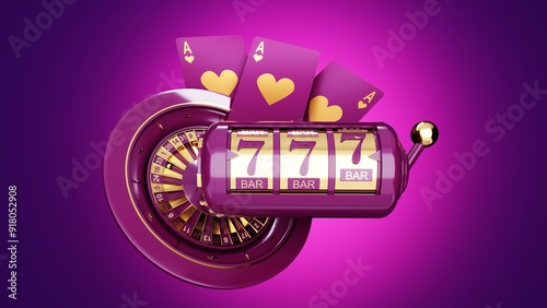 Casino chips, cubes, roulette, drum  on dark violet background - 3d render. Flying chip for online casinos and mobile gambling applications, poker - winner, wealth concept.