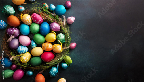 Flatlay. Copy space. A huge set of colorful easter-eggs  photo