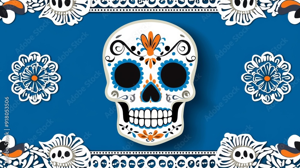 a skull with blue background and flowers a skull with blue background and flowers