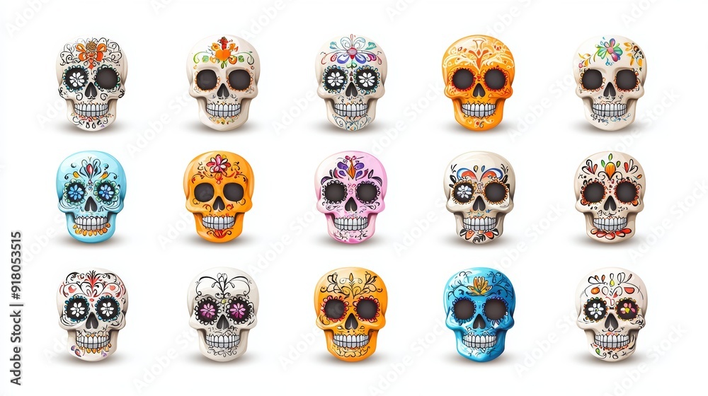 a set of six sugar skulls with different colors a set of six sugar skulls with different colors