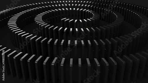 Domino game - 3d render. Tiles, blocks of dominoes with even dots on a black background. Domino effect business concept, logo for companies, trainings. Board game of dice with a winner and a loser.