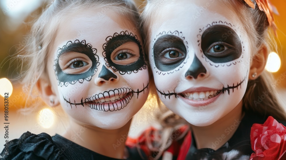 two young girls with face painted in black and white two young girls with face painted in black and white