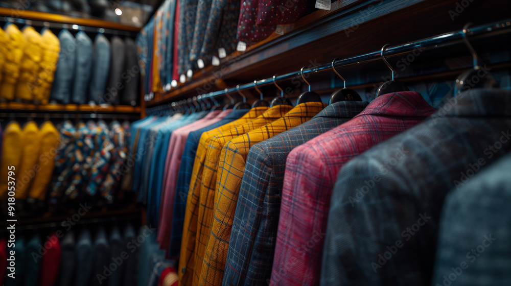 Obraz premium High-End Men Suits on Hangers in a Boutique Close-Up