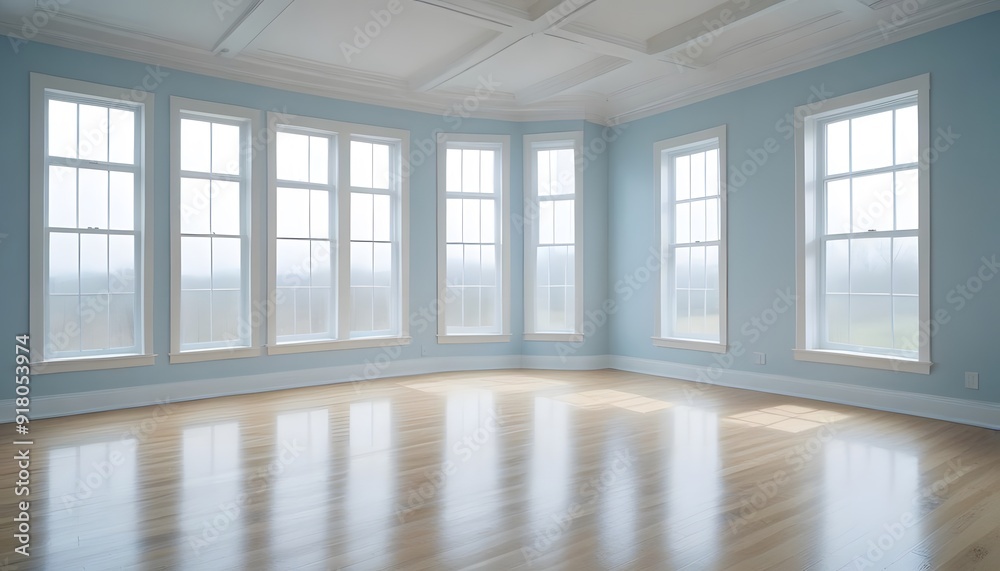 Obraz premium An empty room with hardwood floors, white walls, and large windows letting in natural light