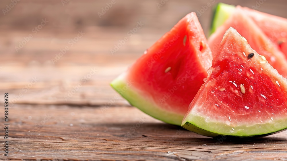 Refreshing Juicy Watermelon Slices on Wooden Table - Summer Vibrancy and Freshness Concept Refreshing Juicy Watermelon Slices on Wooden Table - Summer Vibrancy and Freshness Concept