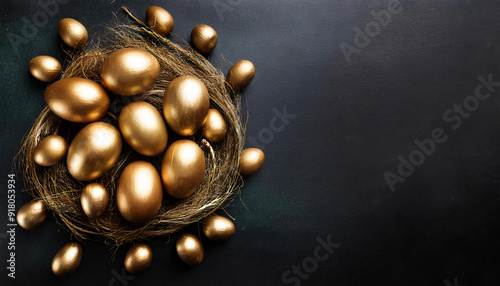 Flatlay. View from above. Copy space. A huge set of gold easter-eggs photo