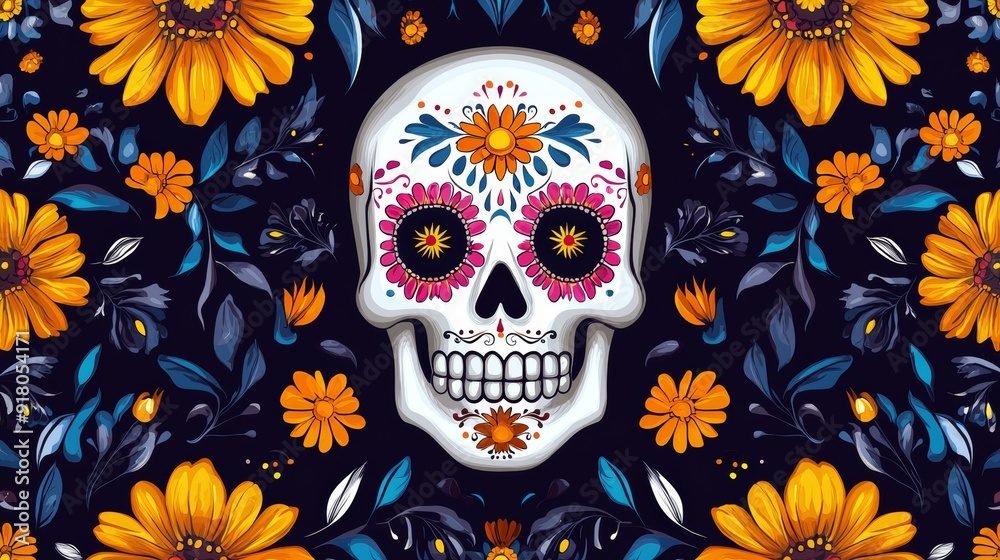a skull with flowers and leaves on black background