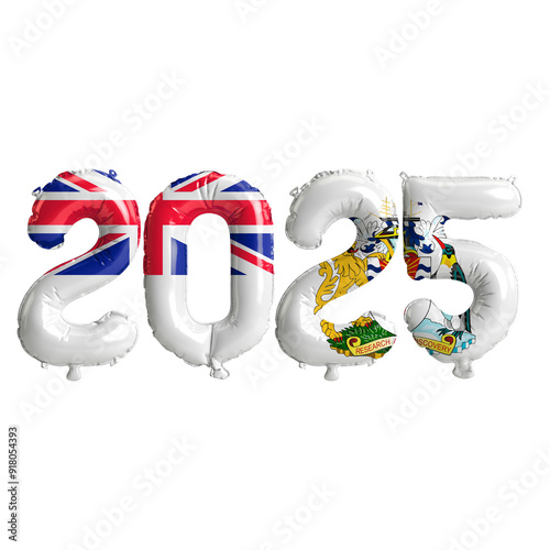 3D illustration of new year 2025 balloons on British Antarctic Territory flag color, isolated on transparent background photo