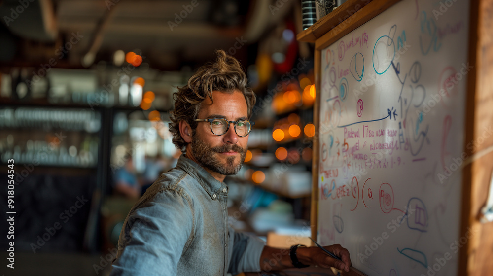 Obraz premium Middle-aged male professor with eyeglasses standing in the classroom, looking at the camera