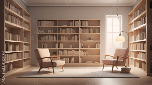 A quiet library scene with a few bookshelves, a reading chair, and a soft lamp light.