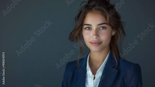 a beautiful smiling businesswoman in a blue jacket and white shirt, standing against a grey background with copy space, confidently looking at the camera.