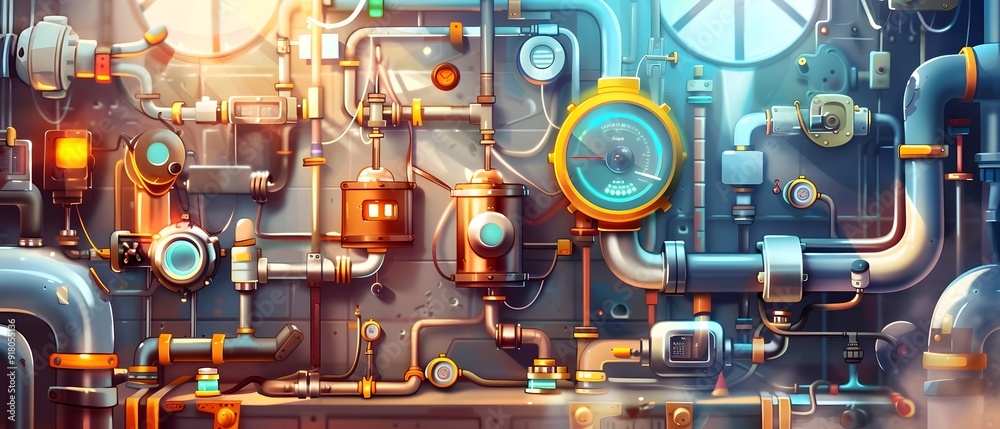 Futuristic Machine Room with Pipes and Gauges. Futuristic Machine Room with Pipes and Gauges.