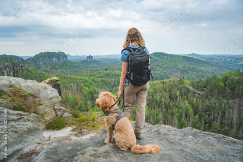 Quadro su tela person with dog at falkenstein in saxon switzerland