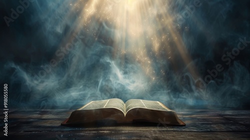 An open Bible with light rays from its pages symbolizes the enlightenment and wisdom of Bible study and prayer, highlighting spiritual illumination.