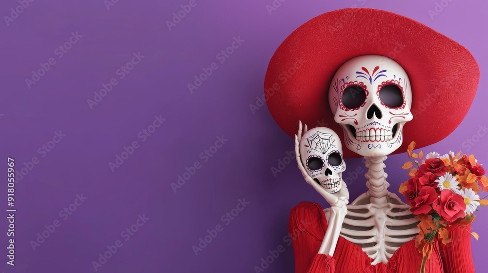 Fototapeta premium a skeleton in red hat holding flower