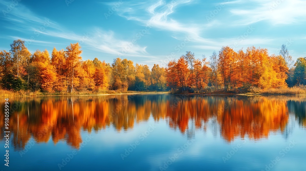 Obraz premium A calm lake reflecting the brilliant hues of autumn trees along its shore, with ample space in the sky for adding text