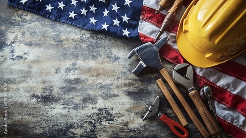 Labor Day Celebration - Worker Tools in American Flag Colors 