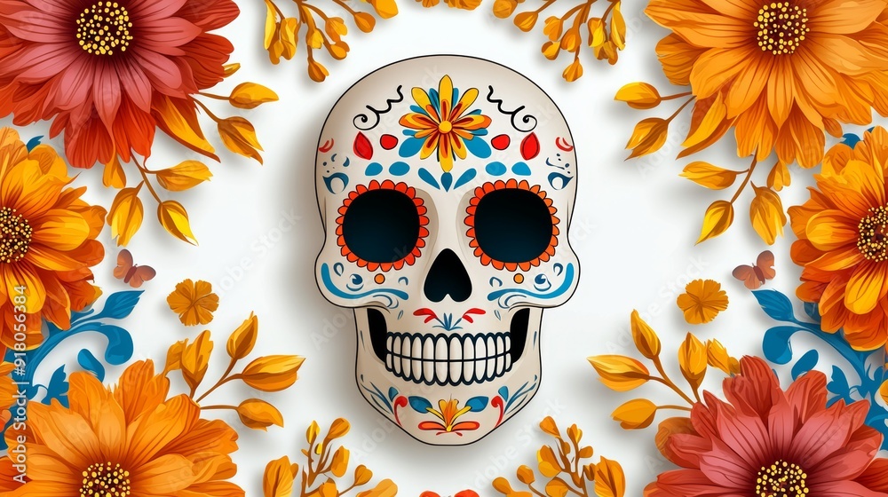 a sugar skull surrounded by flowers a sugar skull surrounded by flowers