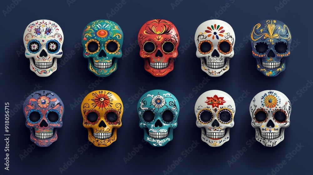 a set of colorful skulls a set of colorful skulls