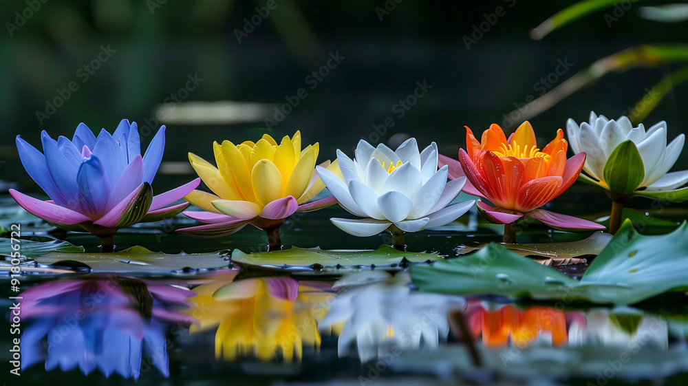 A scene of multiple lotus flowers of different colors in a tranquil pond A scene of multiple lotus flowers of different colors in a tranquil pond