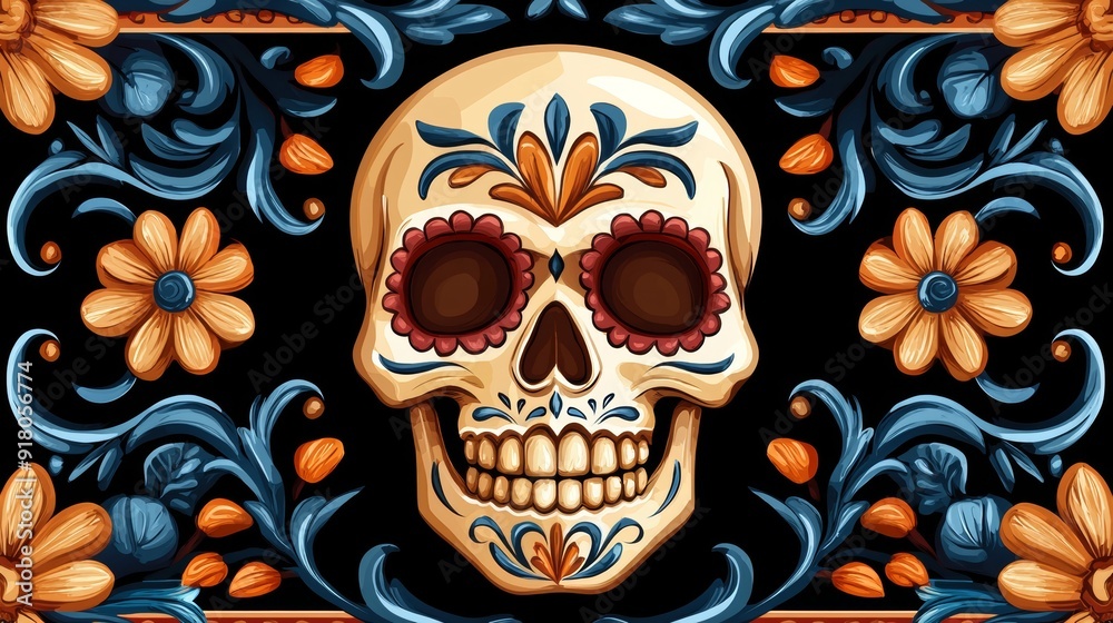 Naklejka premium a skull with floral pattern on black background