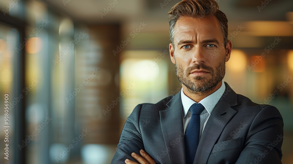 Confident businessman in a modern office setting during late afternoon with city views in the background Confident businessman in a modern office setting during late afternoon with city views in the background