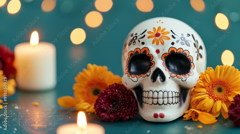 a skull with flowers and candles on table a skull with flowers and candles on table