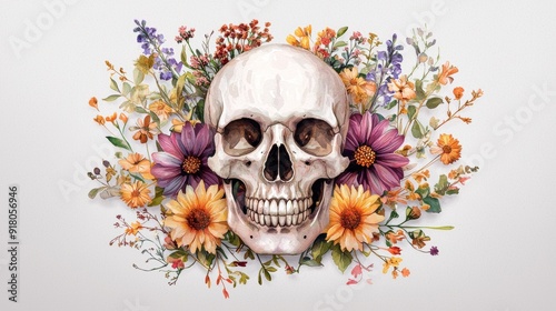 a skull with flowers and leaves on it