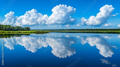 A serene sky reflected in a calm lake, creating a mirror image of the clouds and blue above photo