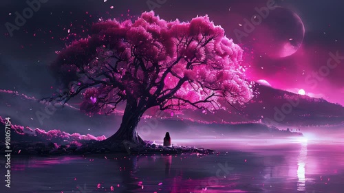 Dreamy landscape of a lone figure sitting under a large pink tree by a calm lake, with a fantasy night sky filled with pink hues. Ideal for fantasy, serenity, or solitude concepts