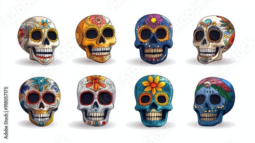 set of colorful skulls with different facial types