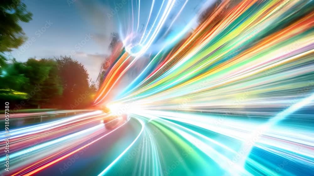 Long exposure shot of colorful light trails from speeding cars at night, conveying a sense of motion and urban energy. Suitable for city life, speed, or modern transportation themes