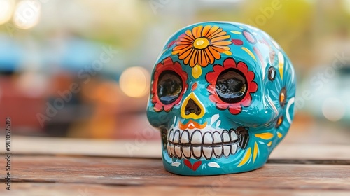 a colorfully painted skull sitting on wooden table