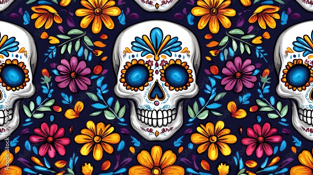 a seam pattern with skulls and flowers a seam pattern with skulls and flowers